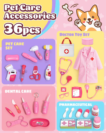 2 Plush Pets Cat & Dog, 36-Piece Vet Doctor Kit for Kids - Toddler Veterinarian Playset with Costume, Doctor and Dental Tools -