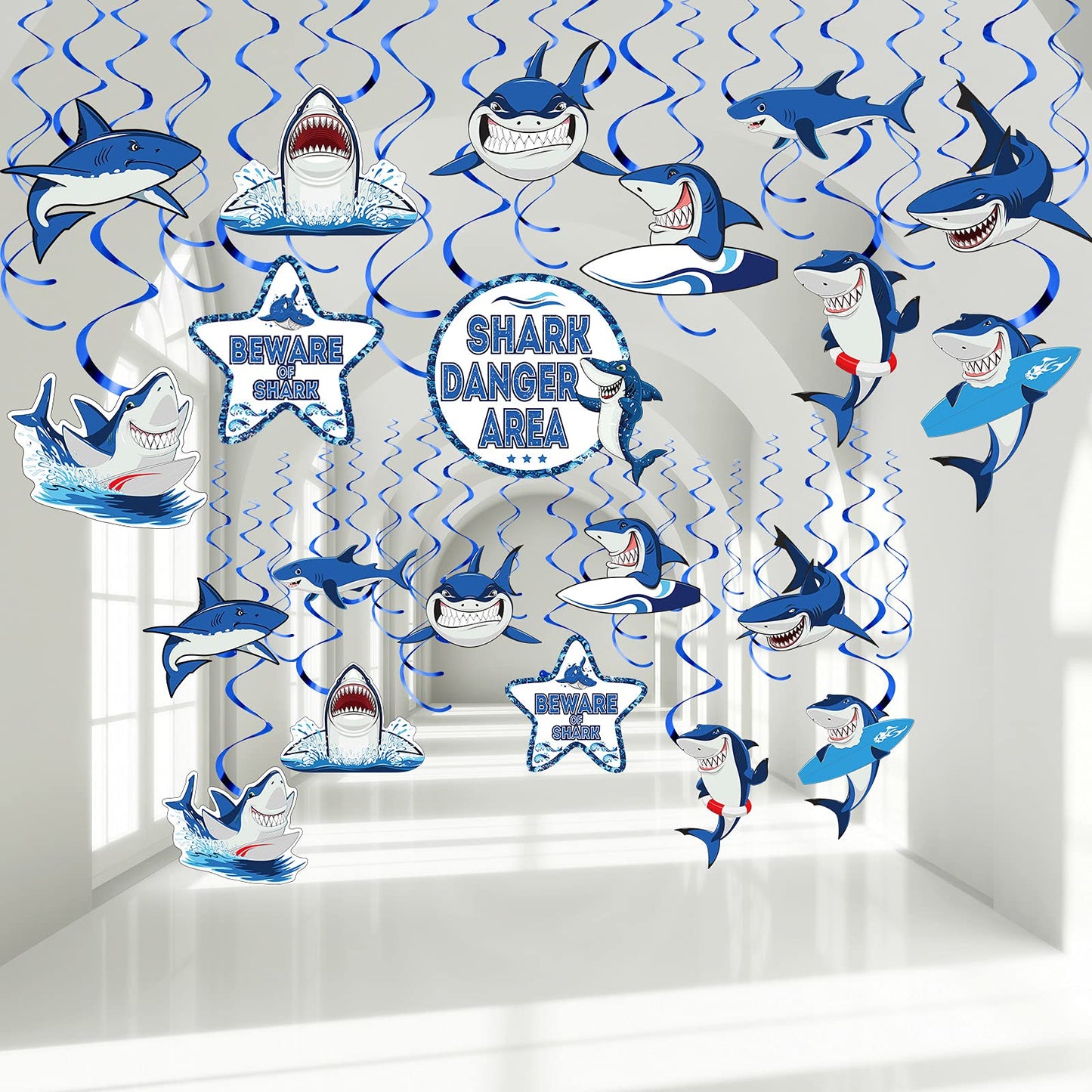 Censen 30 Pieces Shark Hanging Swirls Decorations Shark Party Supplies Ocean Sea Foil Swirls Hanging Ceiling Decoration for Sea 
