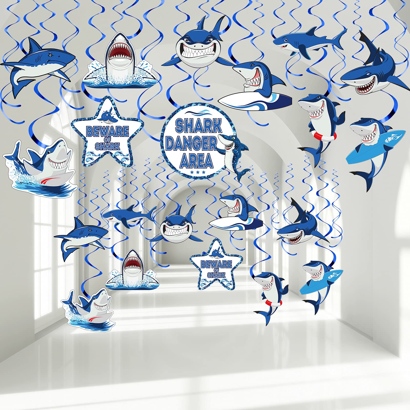Censen 30 Pieces Shark Hanging Swirls Decorations Shark Party Supplies Ocean Sea Foil Swirls Hanging Ceiling Decoration for Sea 