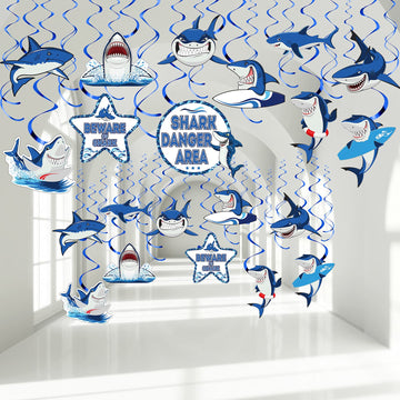 Censen 30 Pieces Shark Hanging Swirls Decorations Shark Party Supplies Ocean Sea Foil Swirls Hanging Ceiling Decoration for Sea 