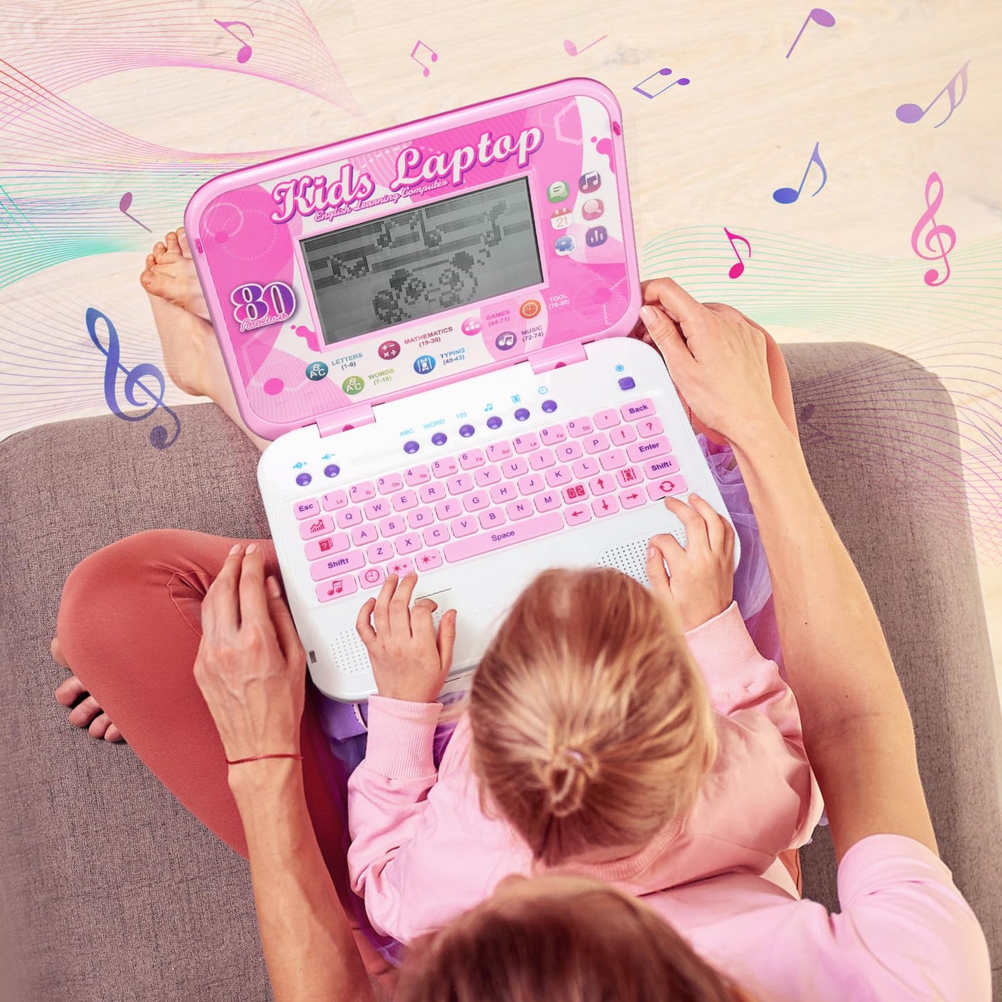 LESHITIAN Kids Laptop - 80 Learning Modes, 7" Screen, Educational Computer for Ages 5+, Pink Plastic Design