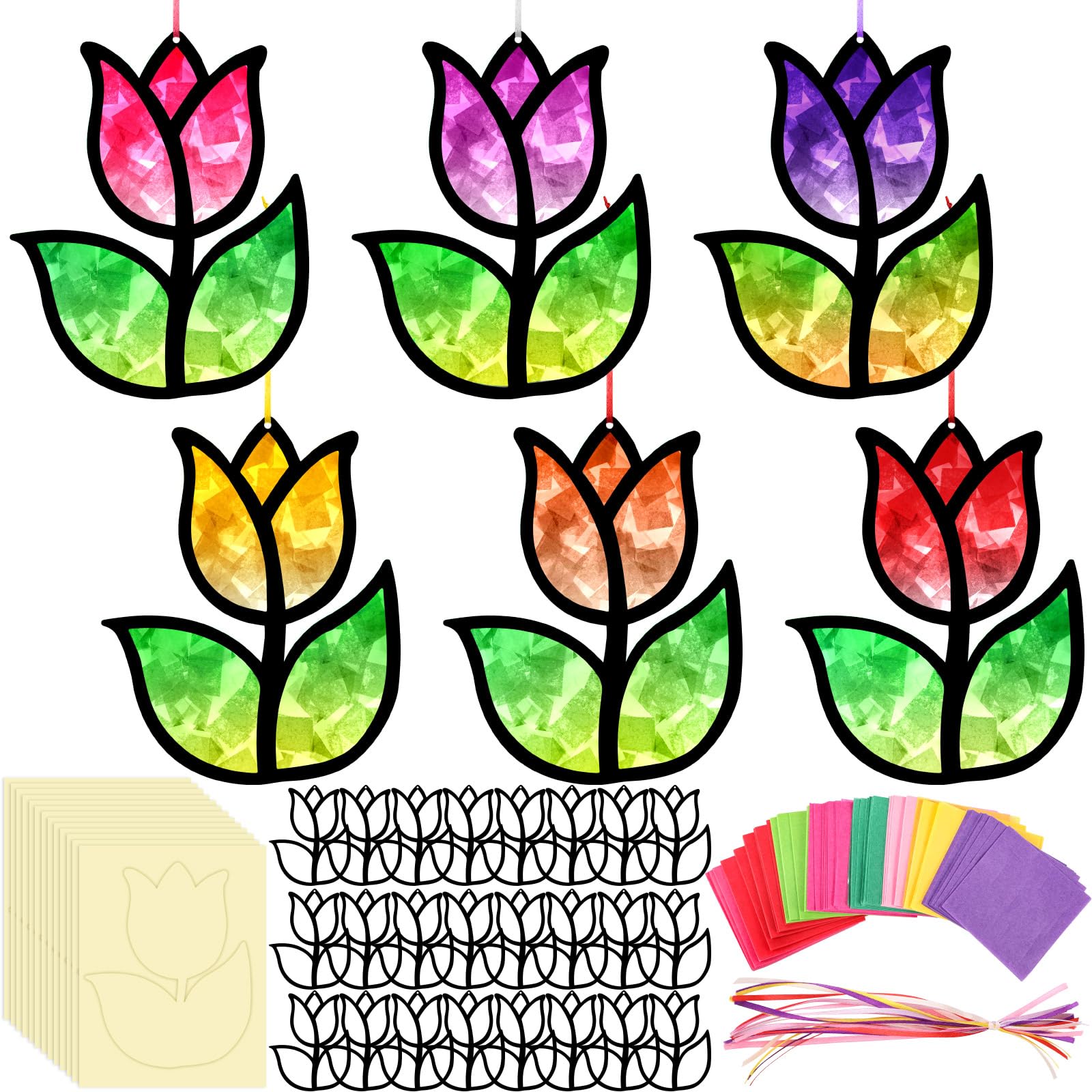 Supervitae 24 Sets Tulip Crafts Kits Mother s Day Crafts Spring Flower Paper Sun Catchers Art Kits DIY Tissue Paper Sign Make Y
