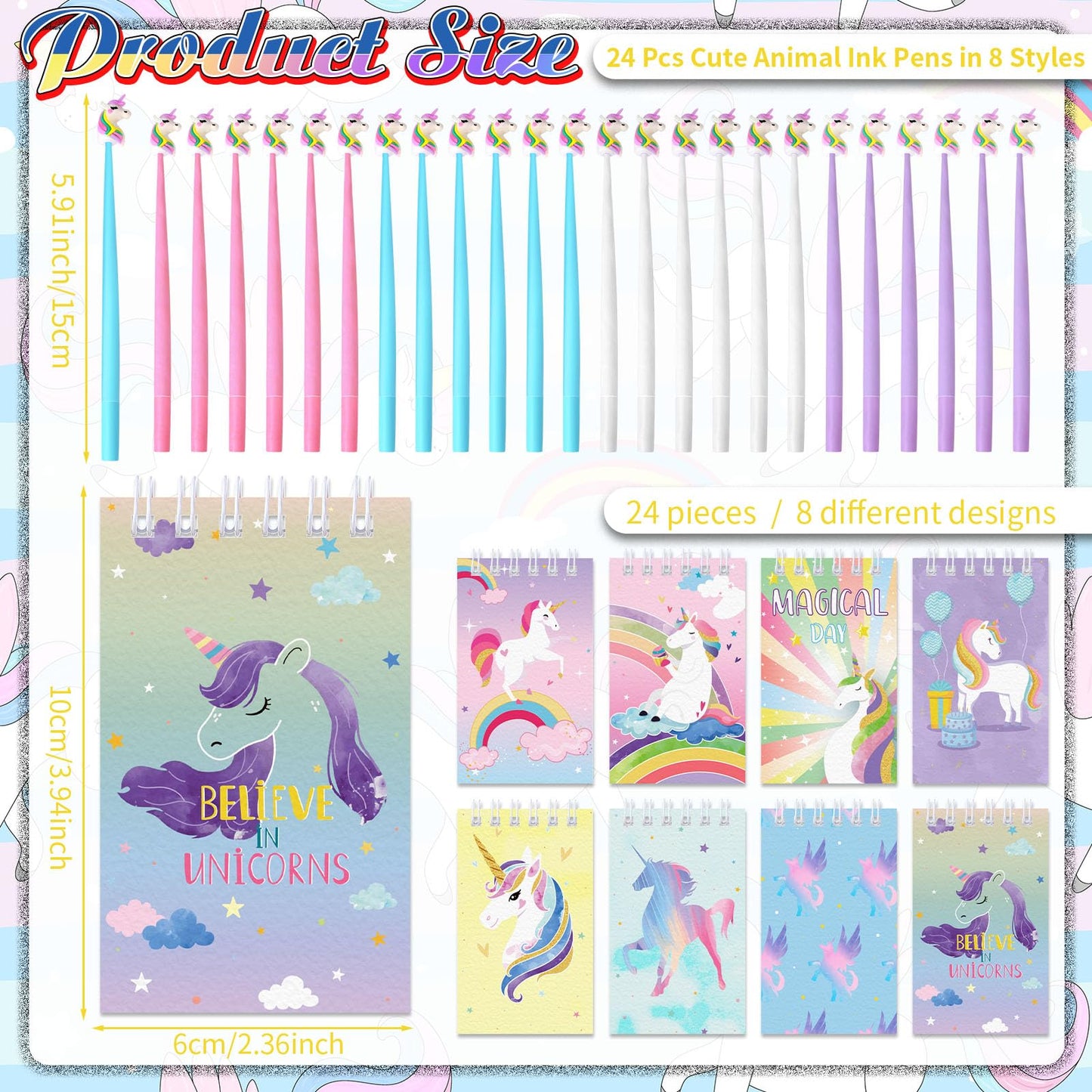 Yeaqee 48 Pcs Cute Unicorn Party Gift Set Spiral Notebooks Gel Ink Pens Bulk Classroom Reward Prizes Stationery Set for Unicorn