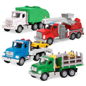 Driven by Battat - 4 Toy Truck Set - 7.5'' Garbage Truck, 9'' Fire Truck, 7.5'' Tow Truck, 7'' Log Truck - Lights & Sounds - Gif