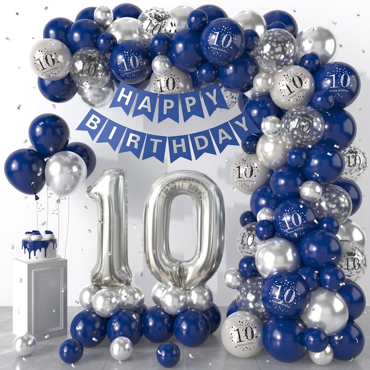 10Th Birthday Decorations Navy Blue Silver,10Th Birthday Balloon Garland Party Decorations With Number 10 Foil Balloons,Happy Bi