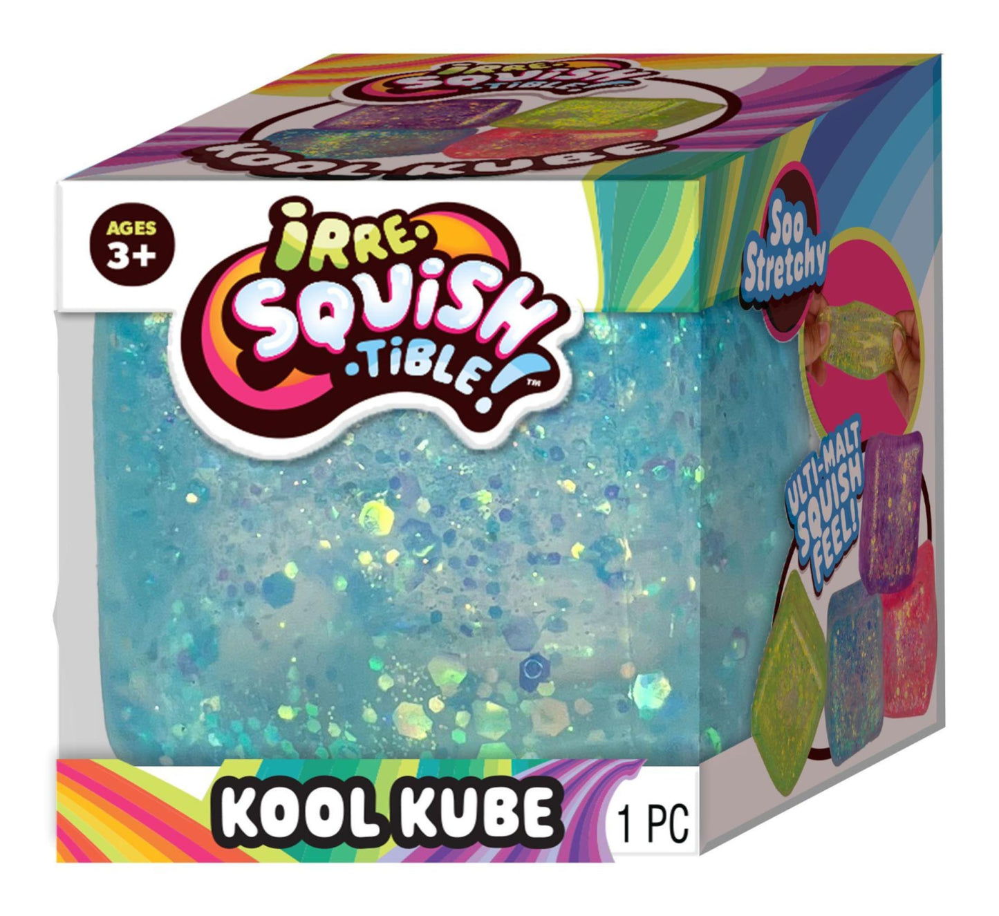 JA-RU Squishy Kool Kube (1 Cube Assorted) Irresistible Squeezy Glitz Cube Toy for Boys & Girls. Stretchy Ulti-Malt Squish Feel Fidget for Kids  Teen & mature-themed. Stress Relief Fun Party Favor. 4542-1