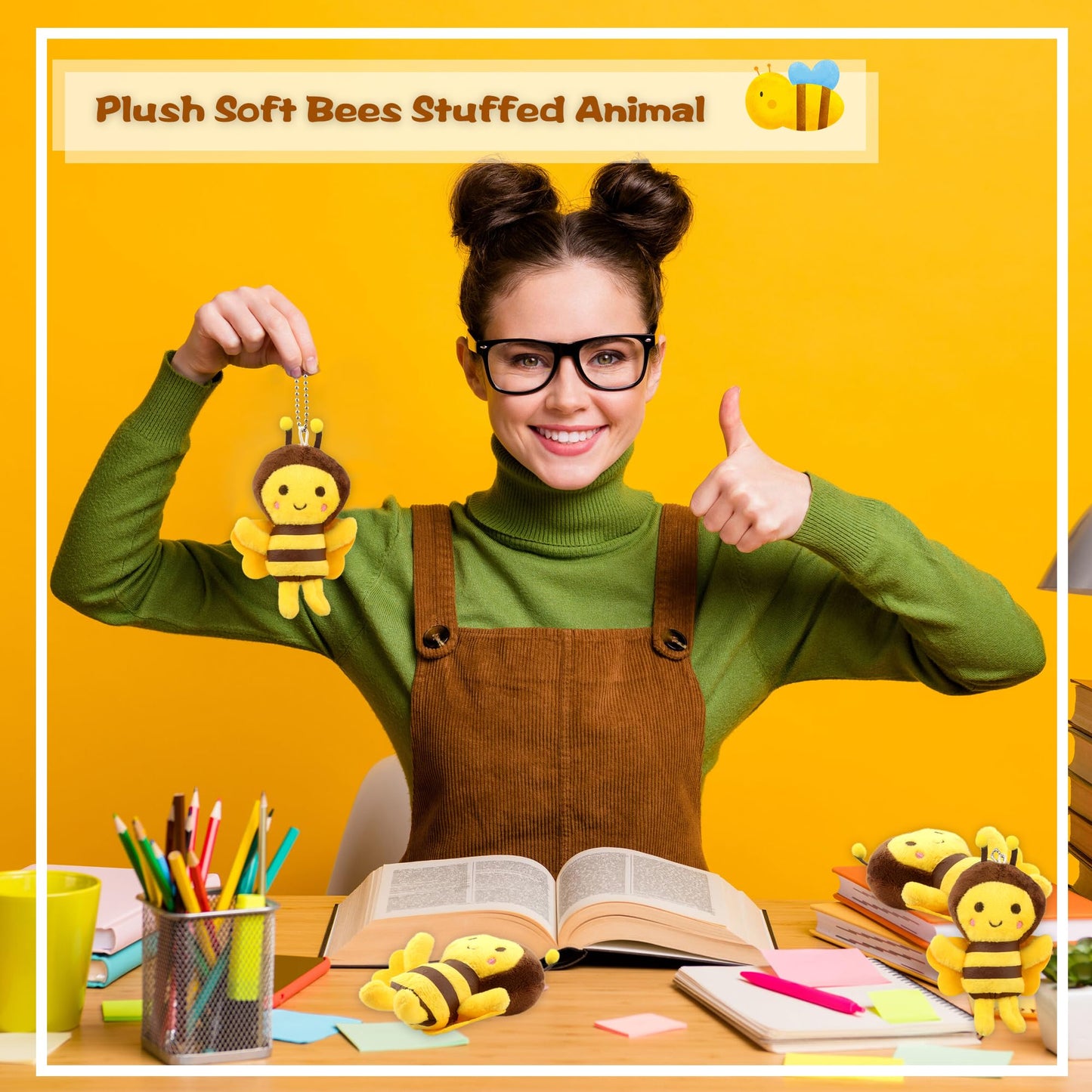 Puteraya 60 Pack 5 Inch Mini Bee Stuffed Animal Toys Cute Soft Plush Honeybee Keychain Lifelike Small Bee Plush For Baby Shower