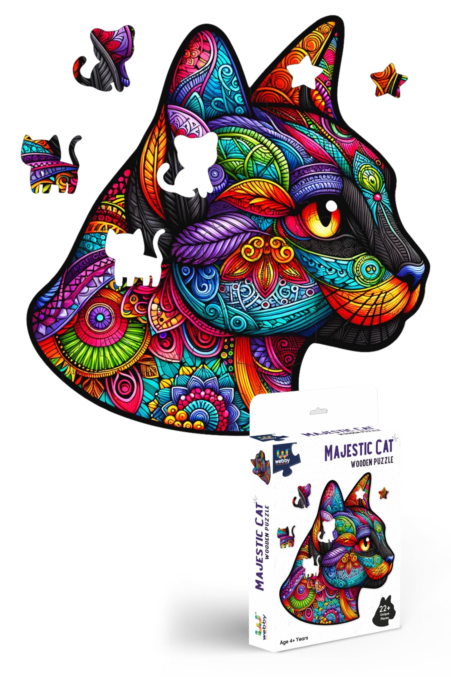 Webby Majestic Cat Jigsaw Puzzle | Travel Game | Zentangle Art Design Wooden Puzzle Toy For Kids And Adults (22 Pieces)