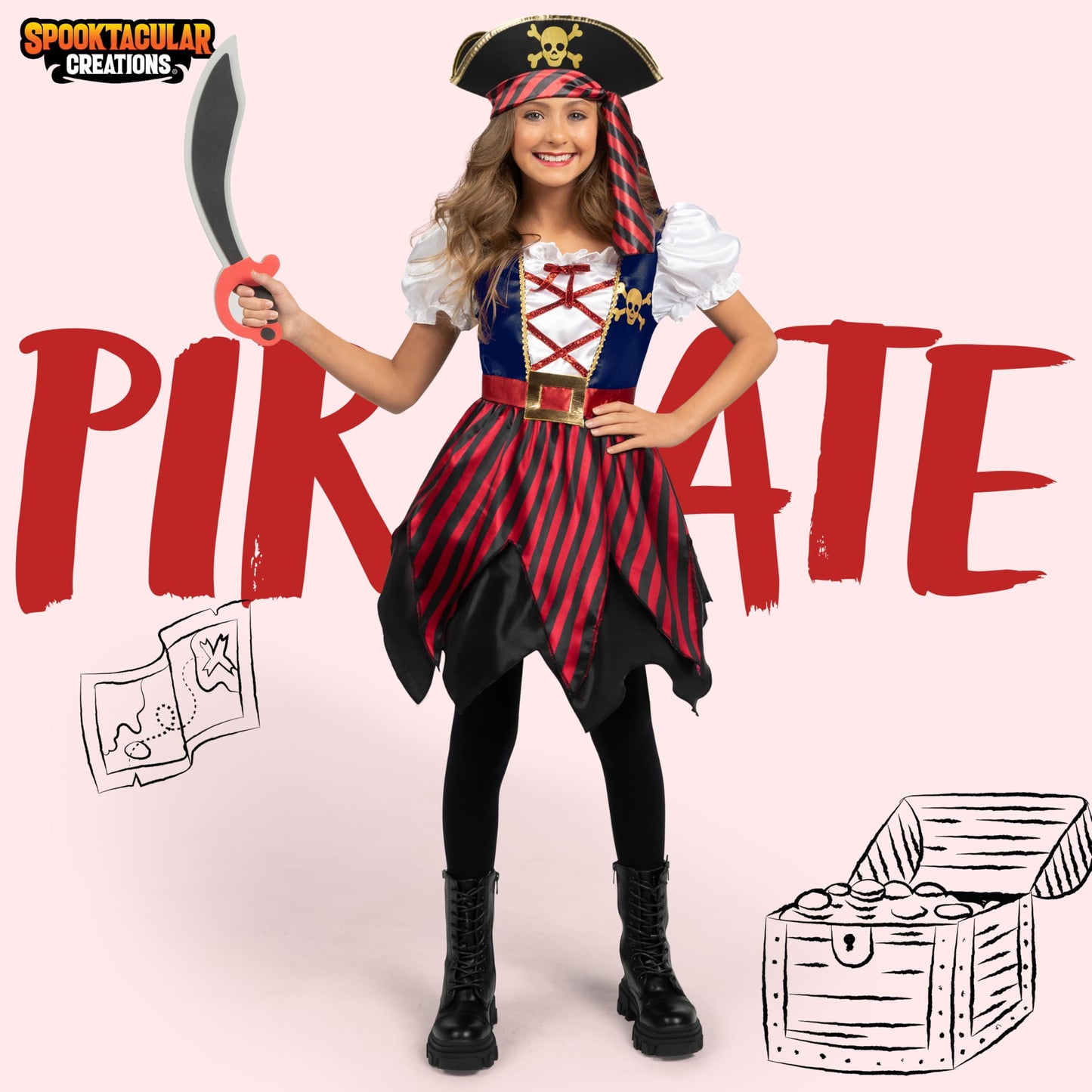 Spooktacular Creations Halloween Kids Pirate Costume  Blue Pirate Dress for Girls  Buccaneer Princess Outfit for Girls Halloween Dress Up  RolePlay Themed Party (Small  5-7 yrs)