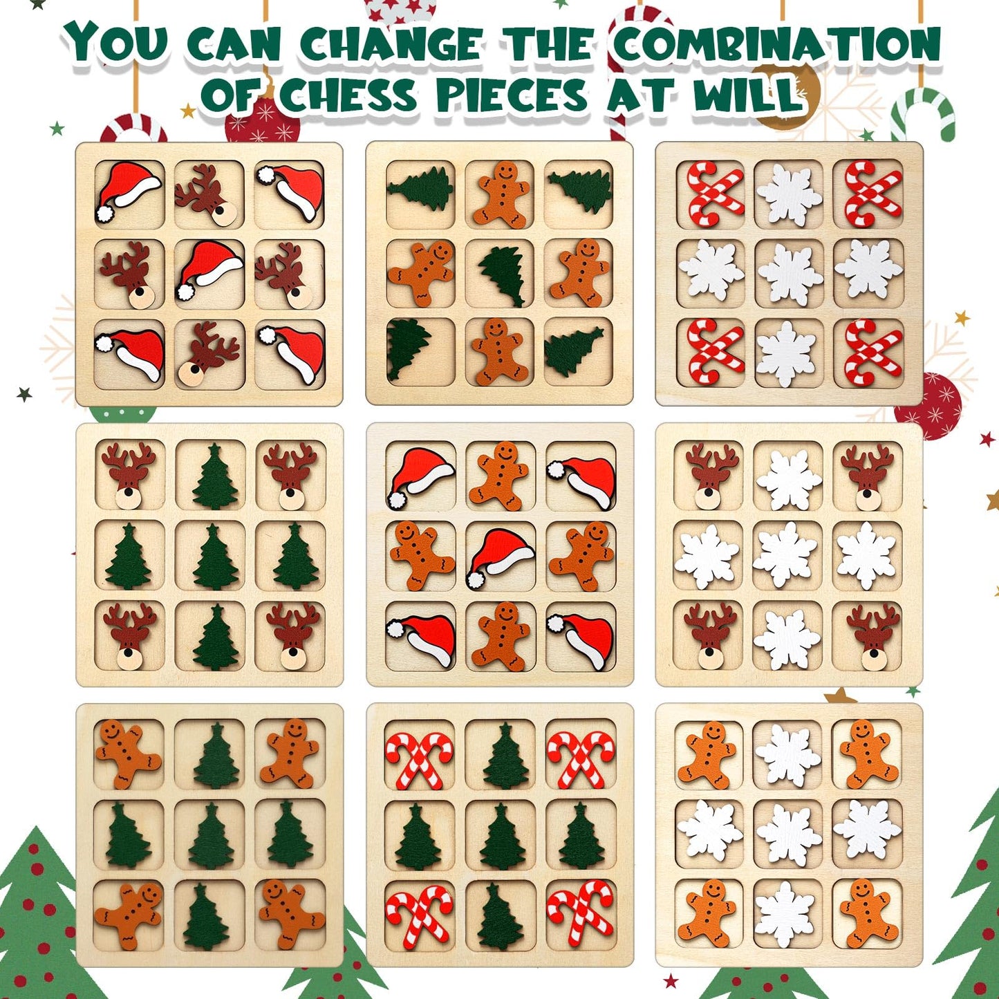 Meooeck 6 Sets Christmas Wooden Tic Tac Toe Game, Party Favors, Mini Chess Board Table Party Game, Gift for Relative and Family,