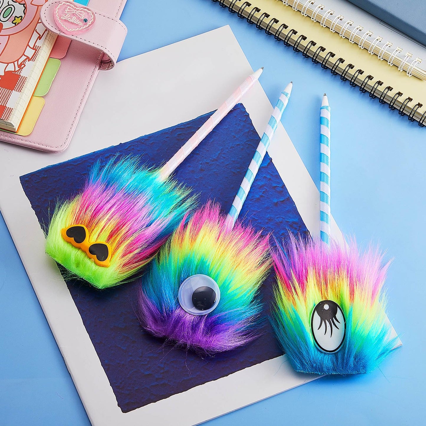 32 Pieces Rainbow Fluffy Monster Pens Cute Fun Pen for Monster Party Favors School Office Birthday Carnival Party Favor Supply
