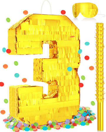 Sratte Number Piñata Birthday Piñata Decorations Gold Foil Piñata With Stick Blindfold Confetti For Boy Girl Birthday Party Decorations Anniversary Celebrations Fiesta Supplies(Number 3)