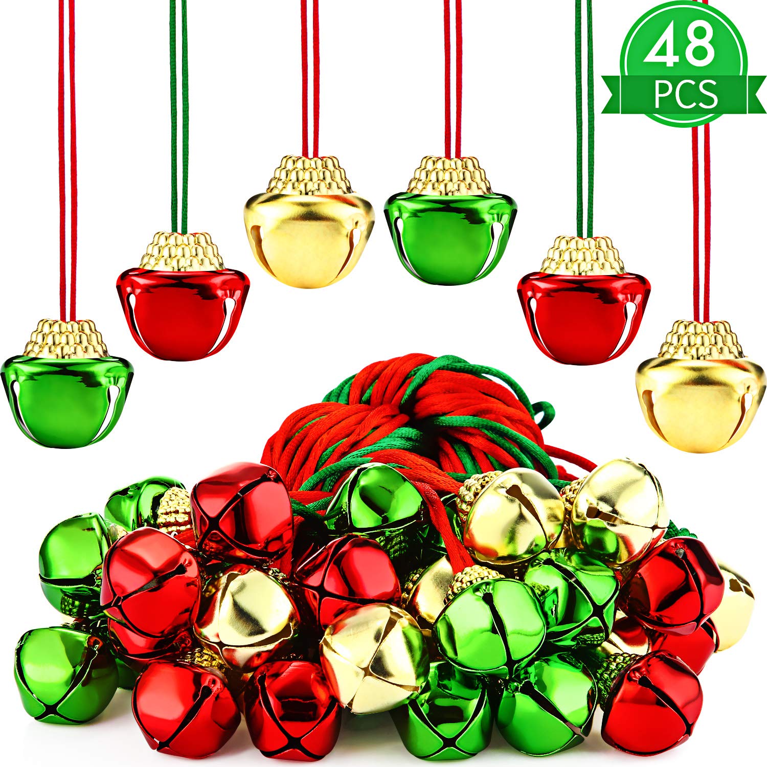 48 Pieces Christmas Bell Necklaces Christmas Holiday Necklaces Gold Red Green Xmas Jingle Bell Necklaces with Ribbons for Christ