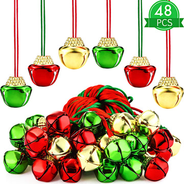 48 Pieces Christmas Bell Necklaces Christmas Holiday Necklaces Gold Red Green Xmas Jingle Bell Necklaces with Ribbons for Christ