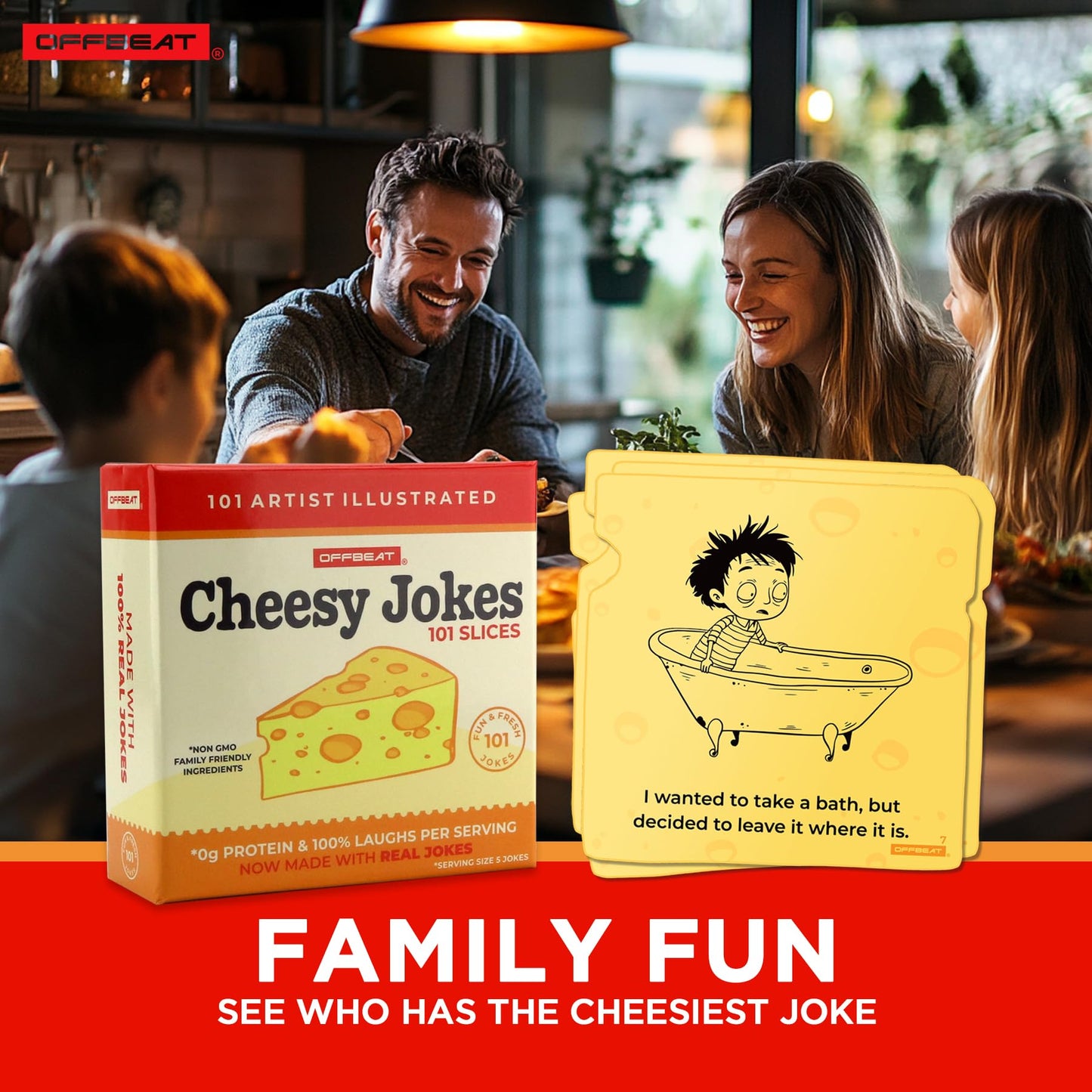 Offbeat 101 Cheesy Joke Cards, Artist Illustrated, Family Fun, Cheesy Dad Jokes Humor For Kids And Adults, Gift For Him, Guys, M