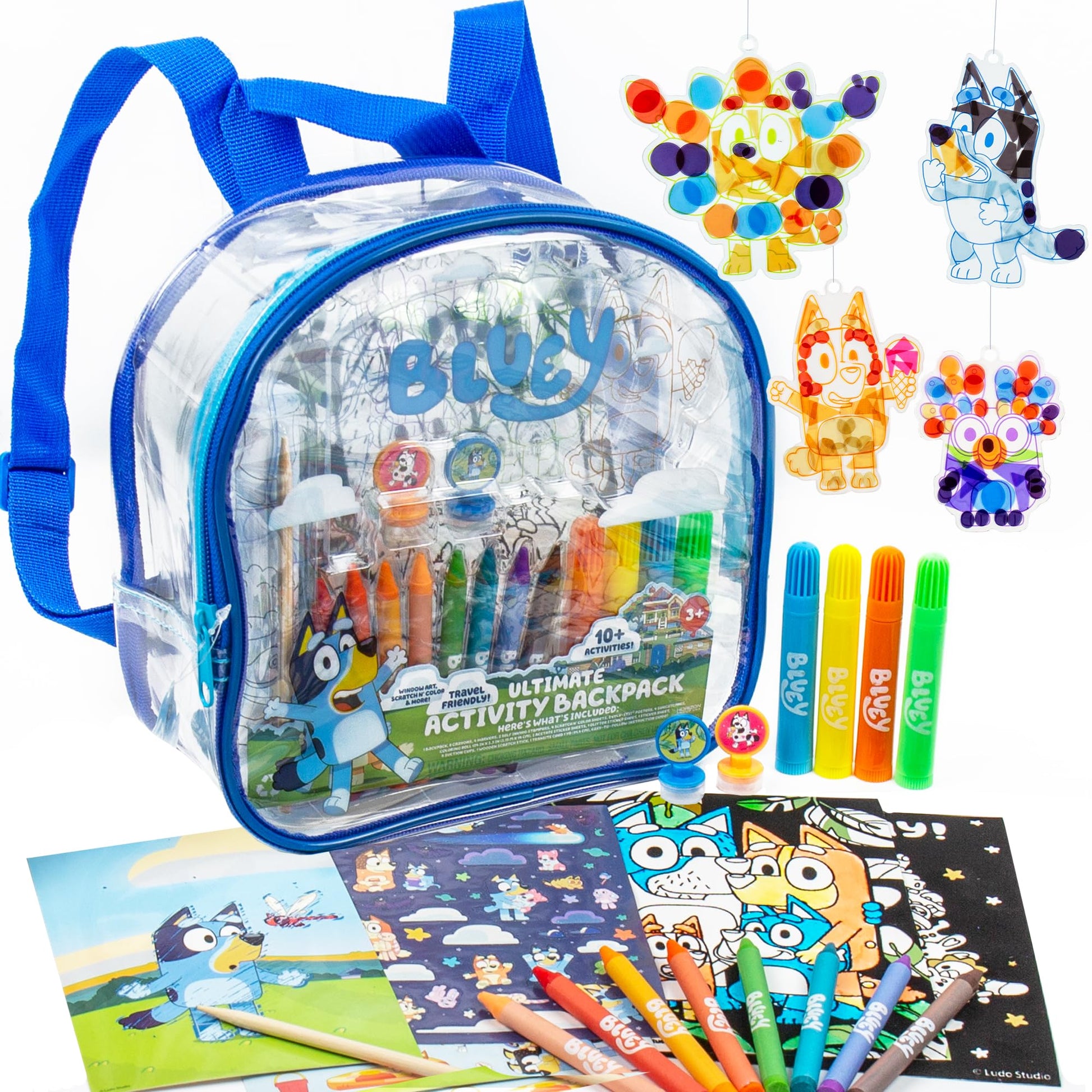 Bluey Ultimate Activity Backpack, 10+ Activities, Includes Backpack with 4 Sticker Suncatchers with 4 Suction Cups, 4 Surprise S