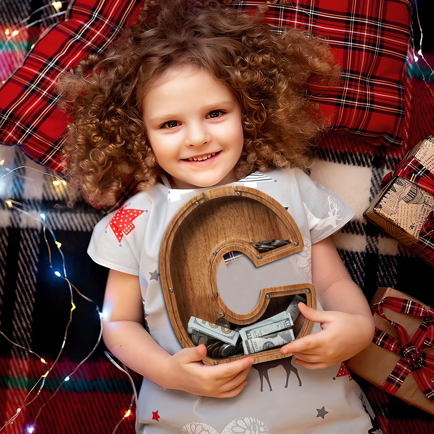 Piggy Bank For Kids Boys Girls, Wooden Large Letter Piggy Bank Alphabet Money Bank With Initial C, Coin Bank Fun Gifts For Birth