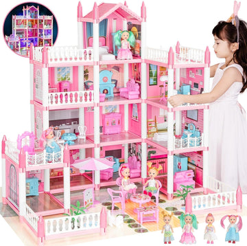 Doll House, Dream Dollhouse For Girls Pretend-Play Diy Dollhouse Kit - 4-Story 11 Rooms Playhouse With 4 Dolls Toy Figures, Furn