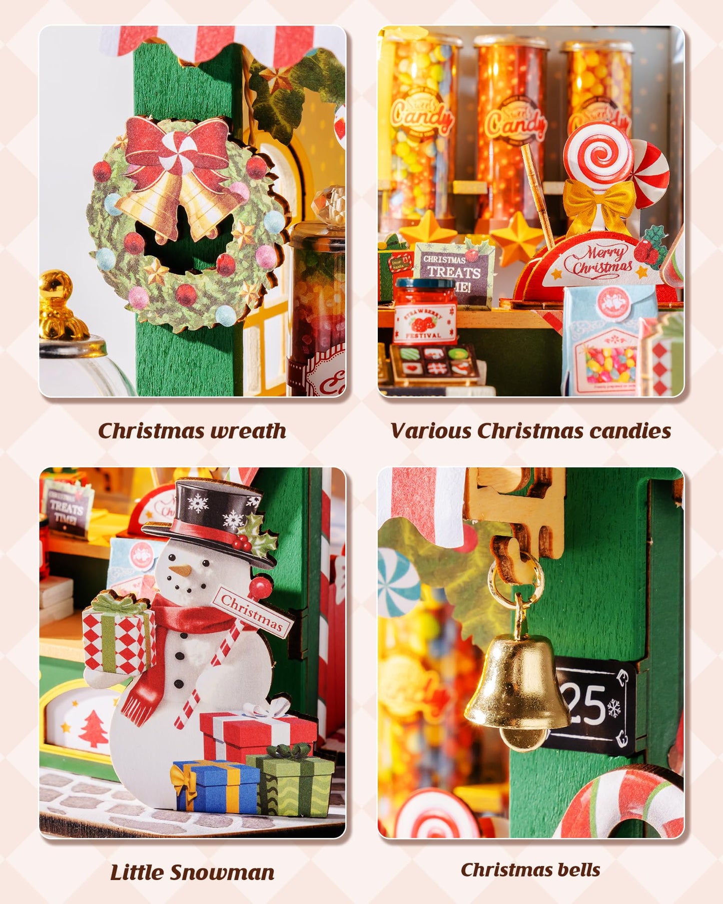 ROBOTIME DIY Miniature House Kit for mature-themed and Teens  Tiny House Building Kit for Family and Friends  Mini Wooden Dollhouse Kit for Halloween/Christmas/Birthday Gifts (Christmas Candy Stand)