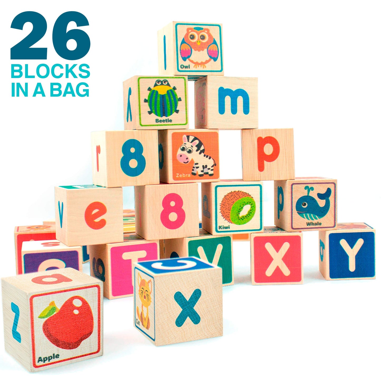Quokka Wooden Puzzles Blocks For Toddlers 1-3 Large - 26 Alphabet & Numbers Baby Blocks For Kids Ages 2-4 Gift Wood Stacking & Building Toys For Learning Abc Letters For Boys And Girls 2-4