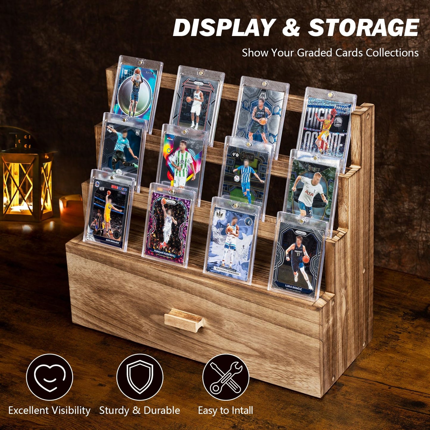 Emfogo Trading Card Display, 3-Tier Trading Card Storage With Custom Drawer, Wood Graded Card Display With Card Supporters And D