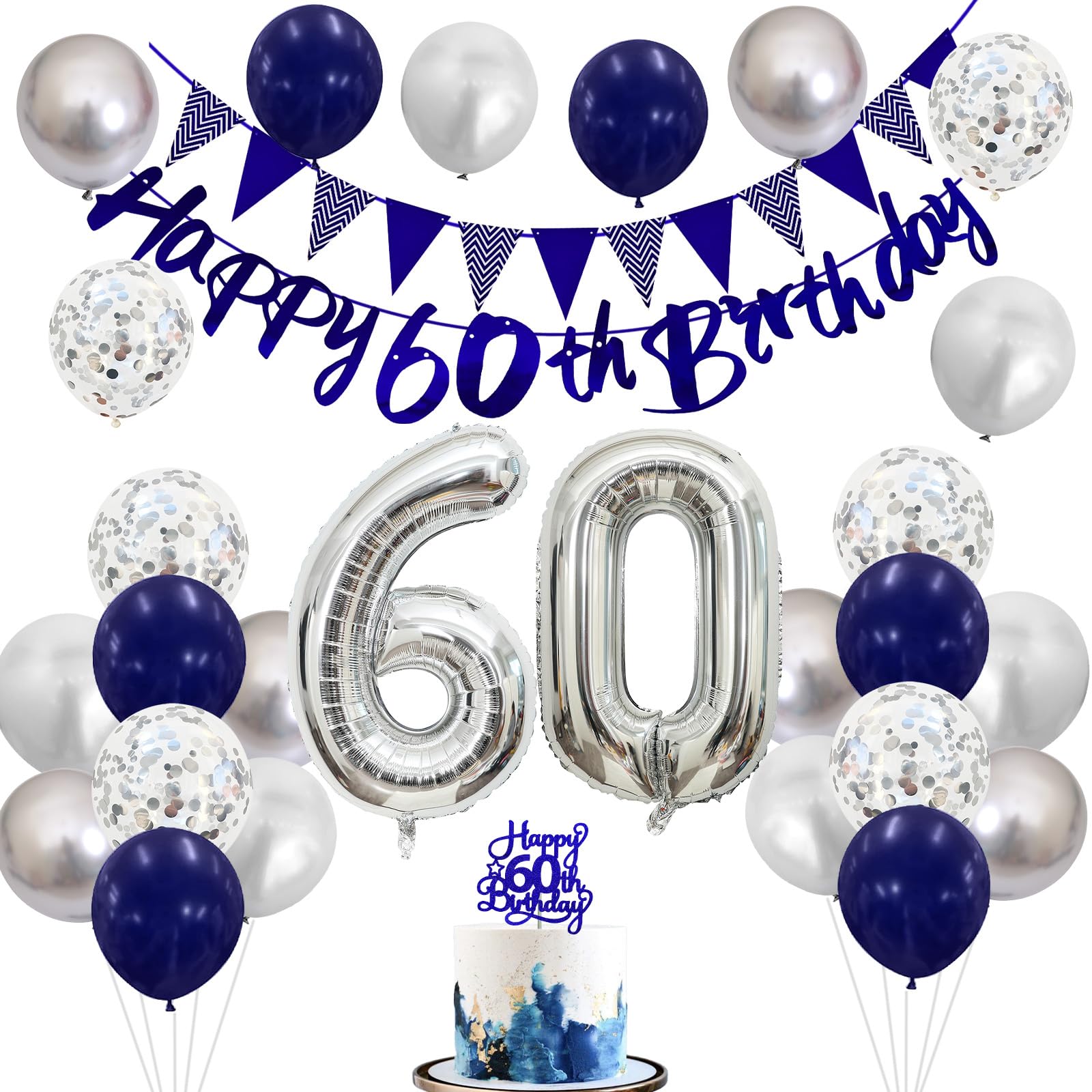60Th Birthday Decorations For Men, Navy Blue Silver 60Th Birthday Balloons With Blue Happy 60Th Birthday Banner 70 Birthday Cake