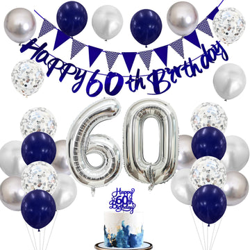 60Th Birthday Decorations For Men, Navy Blue Silver 60Th Birthday Balloons With Blue Happy 60Th Birthday Banner 70 Birthday Cake