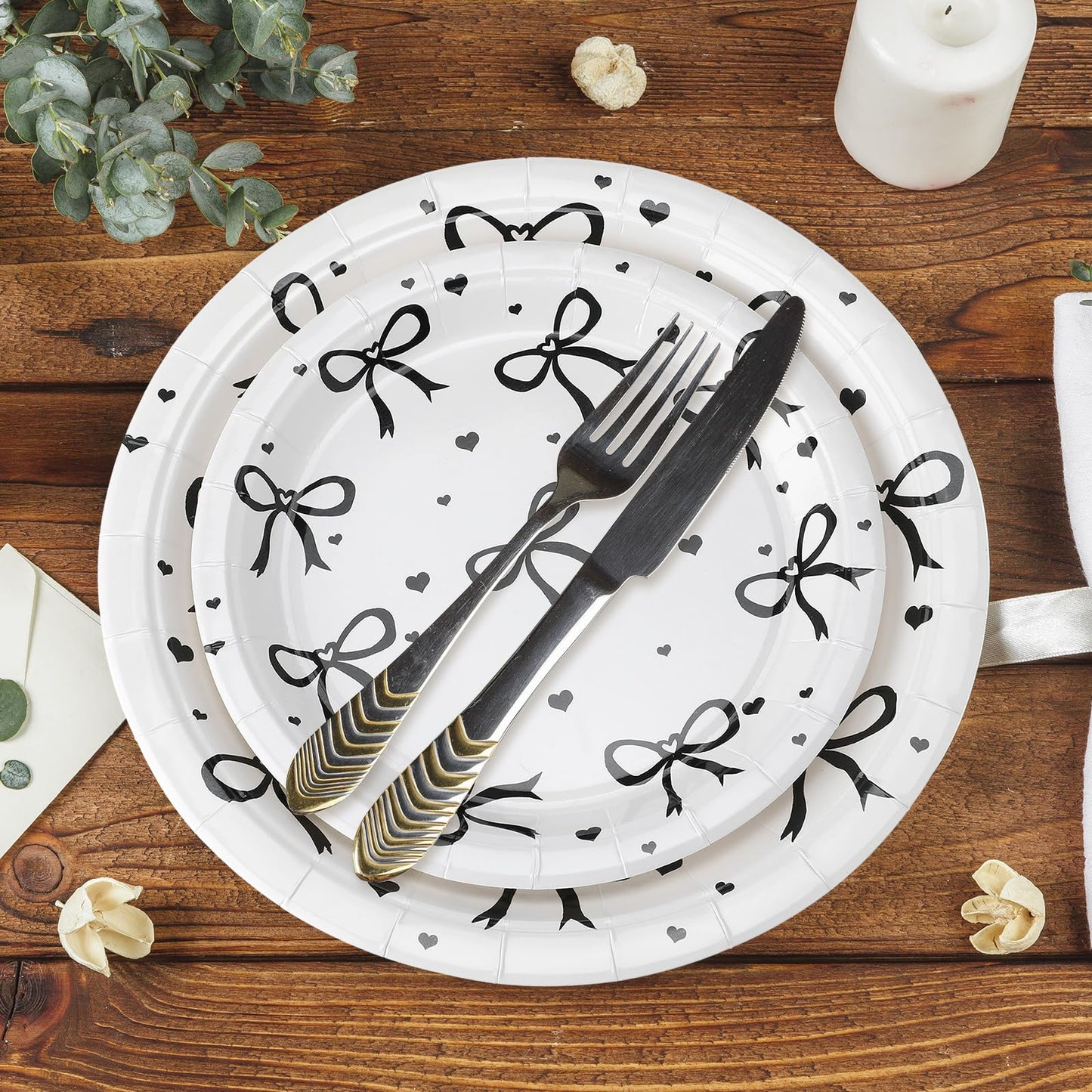 Sieral 60 Pcs Coquette Bow Party Plates 9 7 Black and Pink Bow Paper Plates Birthday Decorations Bridal Shower Bachelorette