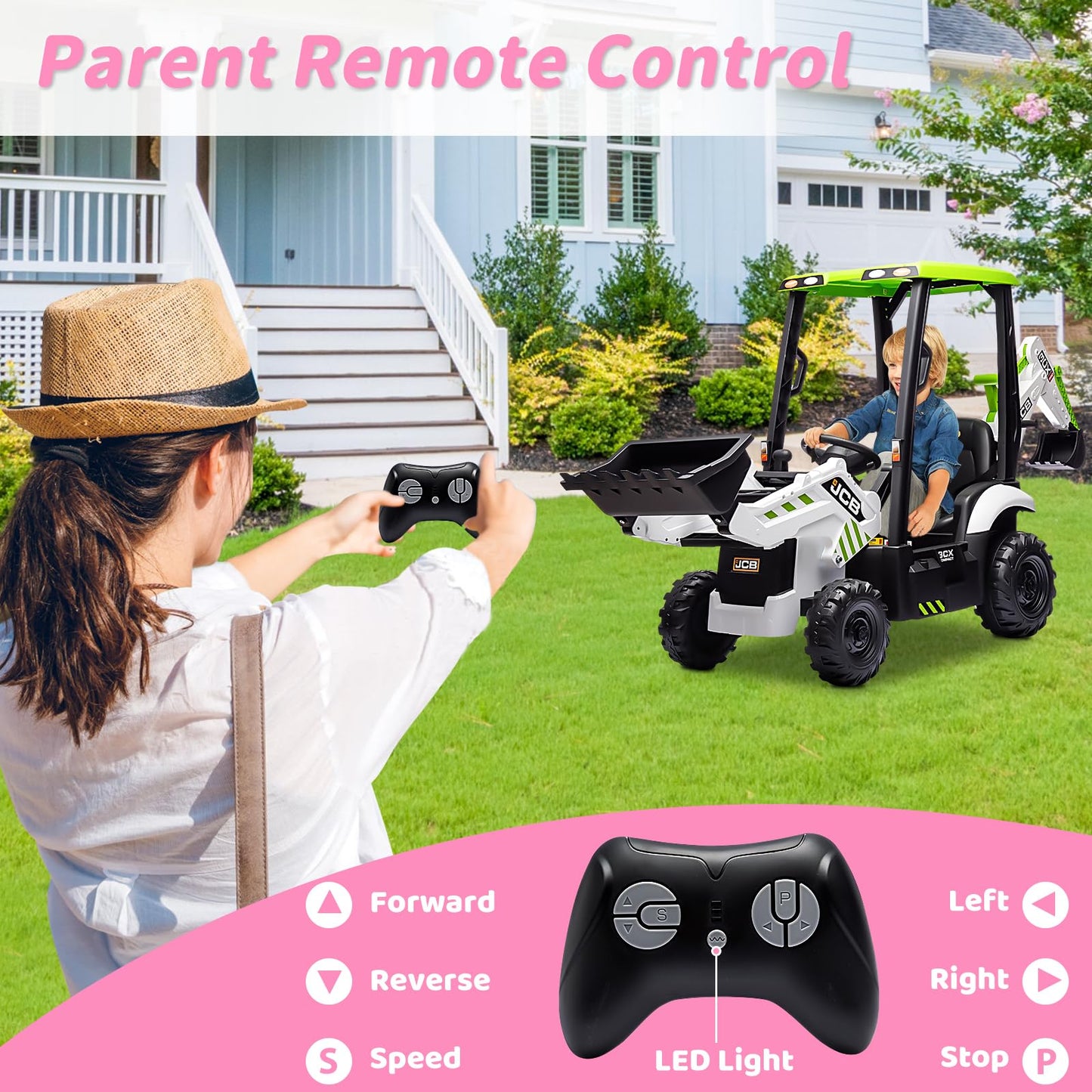 Sesslife Jcb Ride On Excavator, Kids Ride On Car With Remote Control, Electric Vehicle With Front & Back Loader For Kids Aged 3-