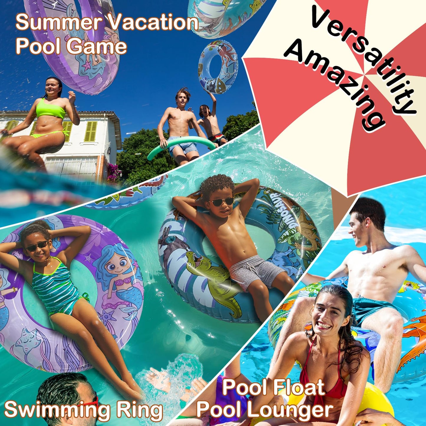 2 Pack Inner Tubes for Floating  Pool Floats mature-themed  Big Floaties for Kids and Teens  Pool Tubes Heavy Duty  Dinosaur and Mermaid Round Pool Floats  Beach Swim Ring and Summer Pool Party Toys