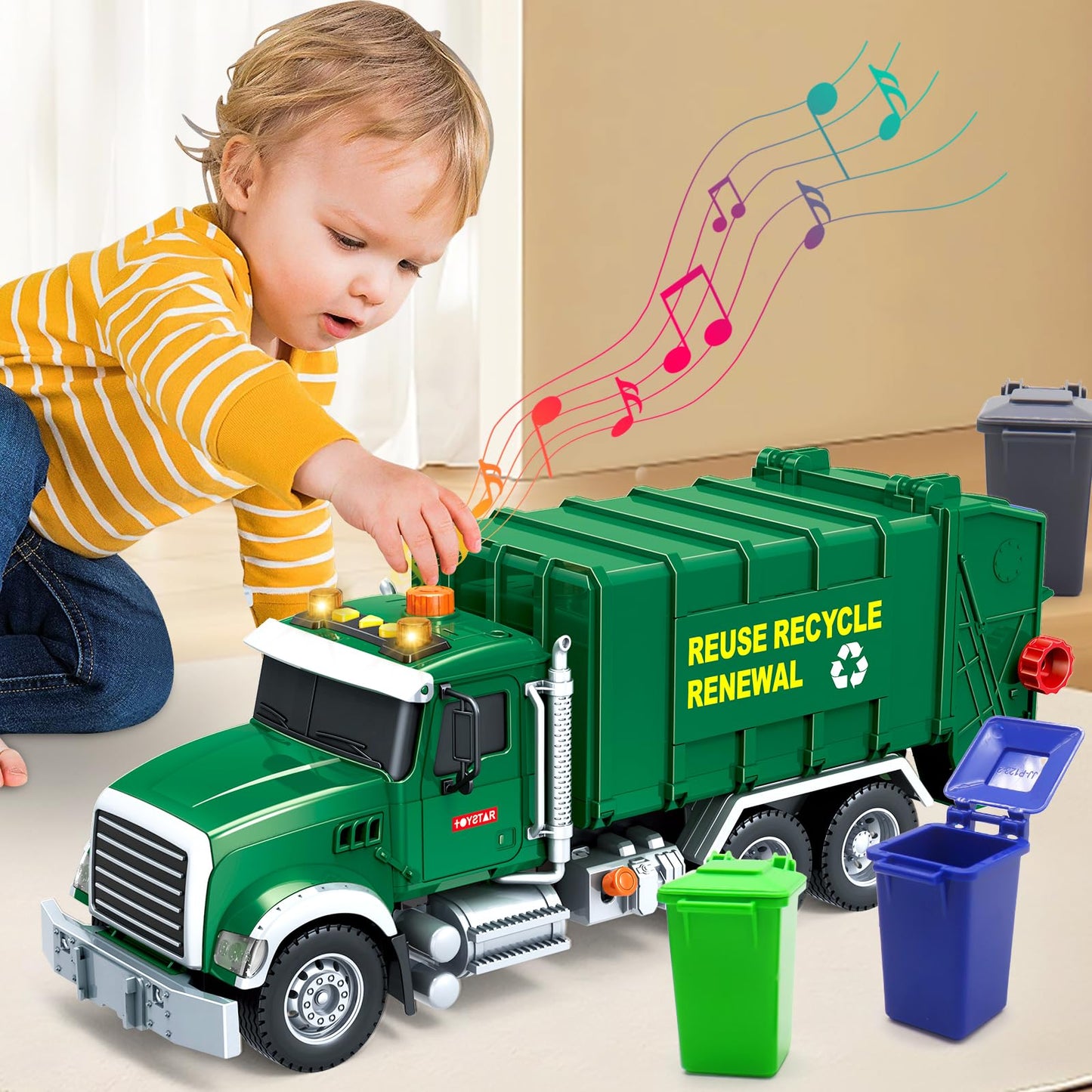 Mostop Large Garbage Truck Toy - Friction Powered Waste Management Garbage Recycling Truck With Lights, Sounds, 3 Rear Loader Tr