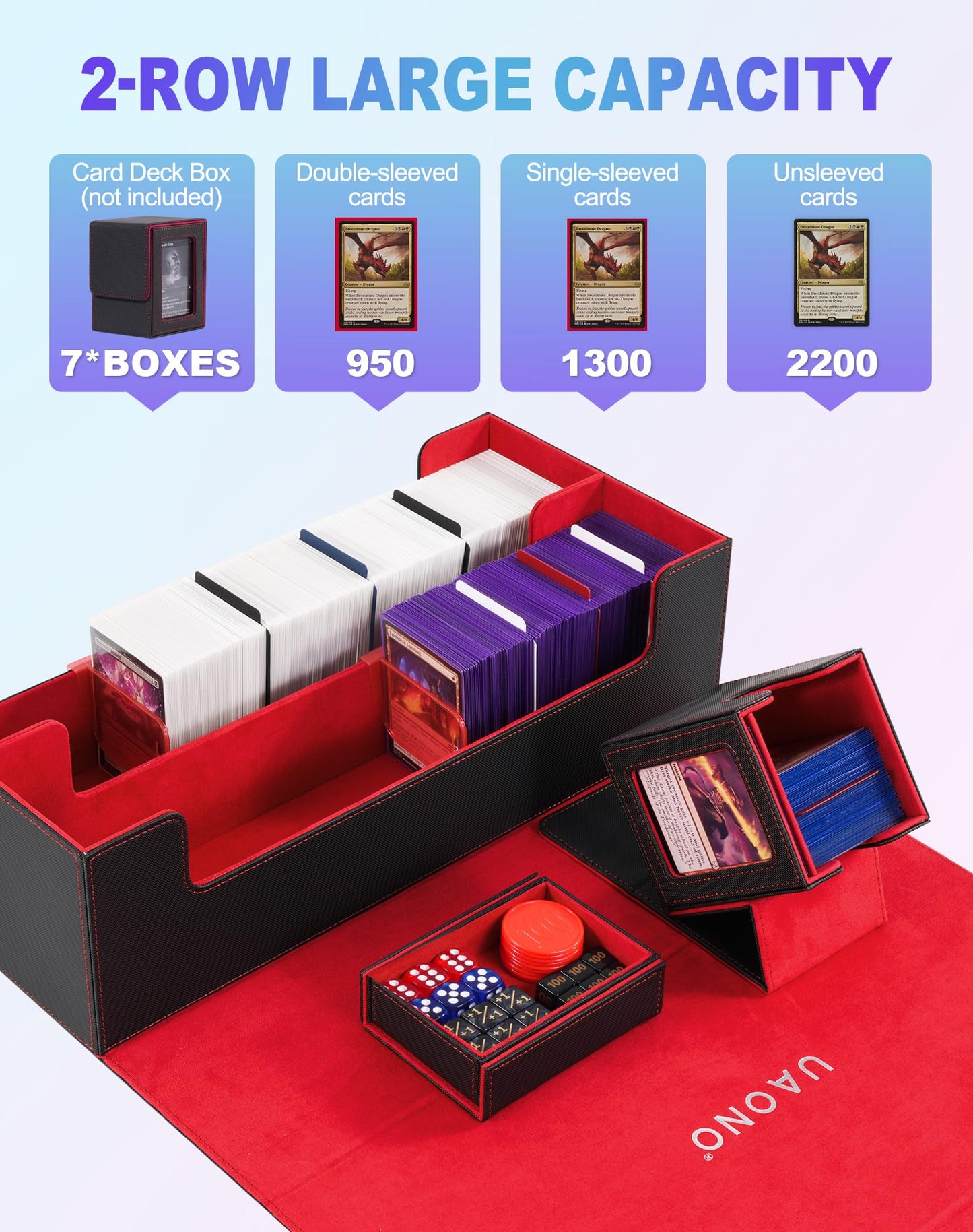 UAONO Trading Card Storage Box for MTG  Fits 7 Pcs Small Commander Deck Box  Large Card Deck Case with Dice Box for TCG PTCG Magic Sports Cards Game Playmat (Black  Red)