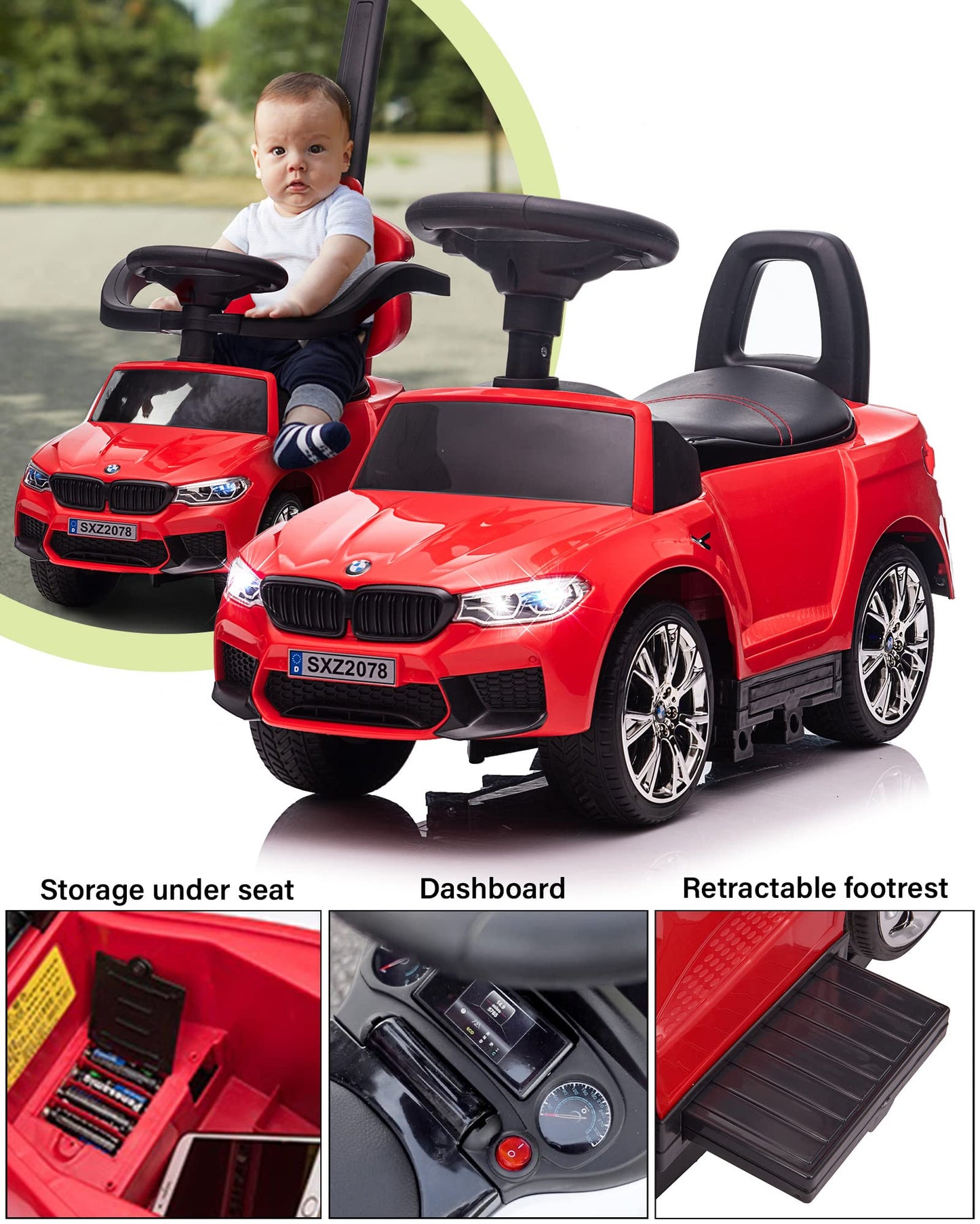 Voltz Toys Push Car For Kids, Licensed M5 4-In-1 Push Pedal Ride On Car For Baby, Foot To Floor Sliding Ride-On With Push Bar, L