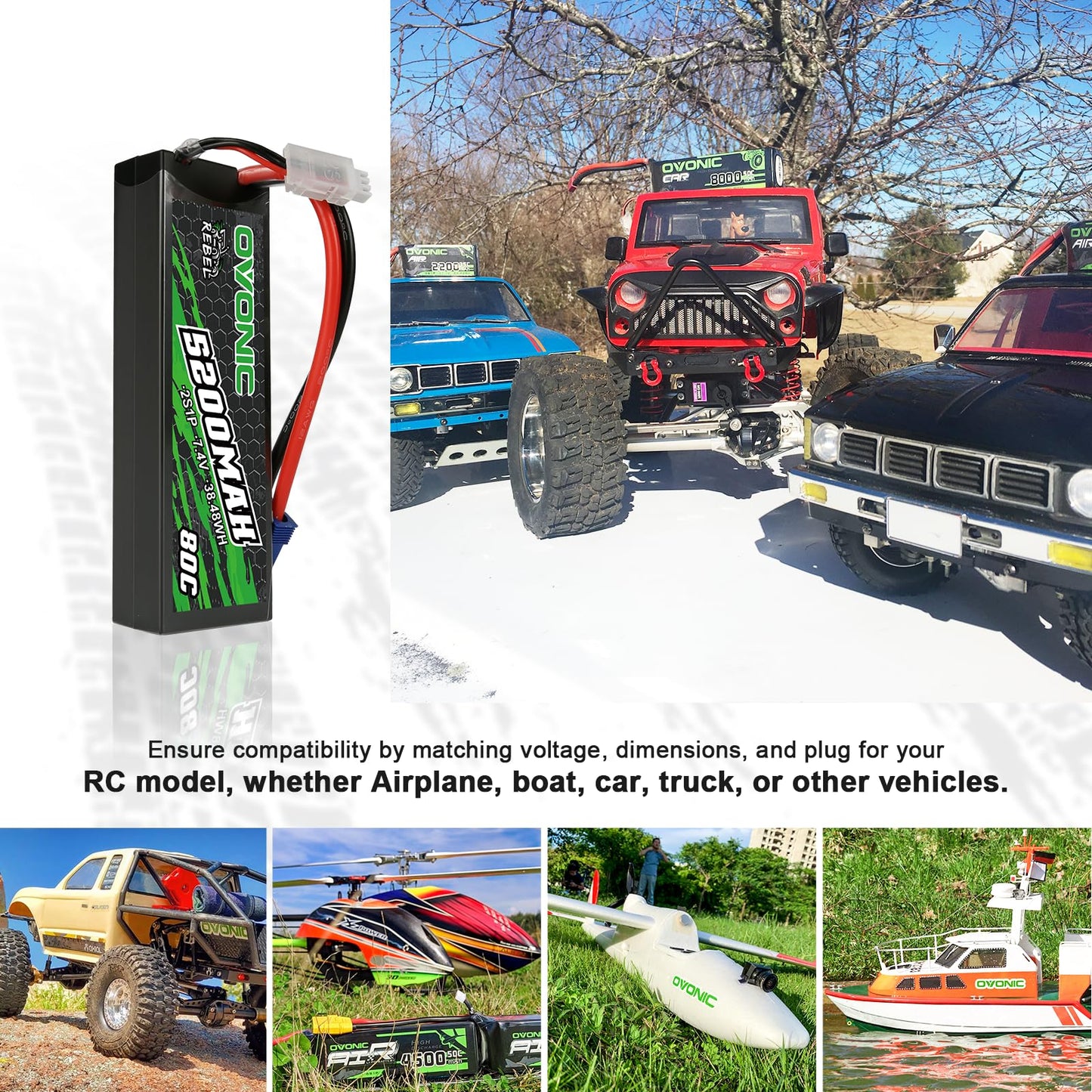 OVONIC 80C 2S 5200mAh 7.4V Lipo Battery with EC5 Connector for arrma 1/10, 1/8, 1/7 Scale RC Cars and Trucks Buggy Truggy 2pcs