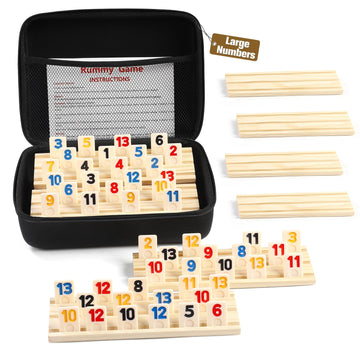 uvcany Rummy Cube 8 Player Edition with 8 Wooden Racks/Trays, 214 Large Numbers Rummy Tiles 6-8 Players Set with Zippered Case, 