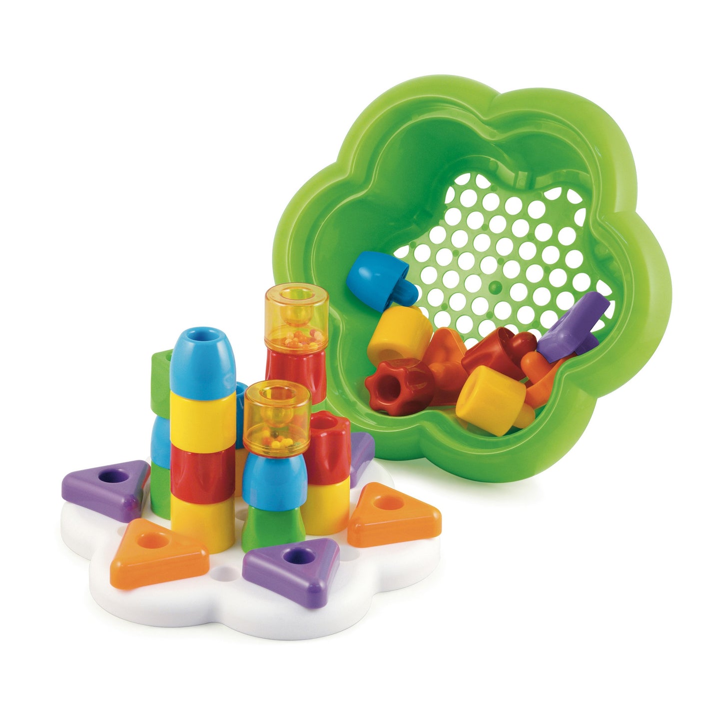 Aso Quercetti Chunky Peggy Stacking Toy - 28-Pieces Including 2 Rattle Pegs, Sturdy Daisy Basket Design With Built-In Storage, F