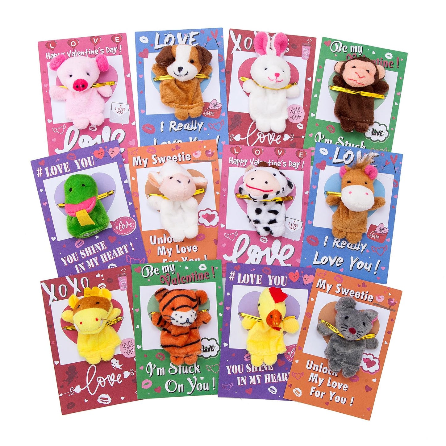 JIALWEN 12 Pack Valentines Day Cards for Kids with Animal Finger Puppet for Kids Valentine Theme Gifts Greeting Cards School Cla