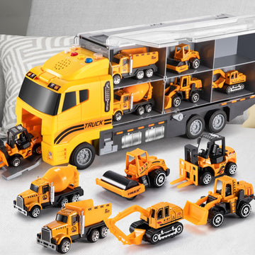Temi Toddler Toys For 3 4 5 6 Years Old Boys, Die-Cast Construction Toys Car Carrier Vehicle Toy Set W/Play Mat, Kids Toys Truck Alloy Metal Car Toys Set For Age 3-9 Toddlers Kids Boys & Girls