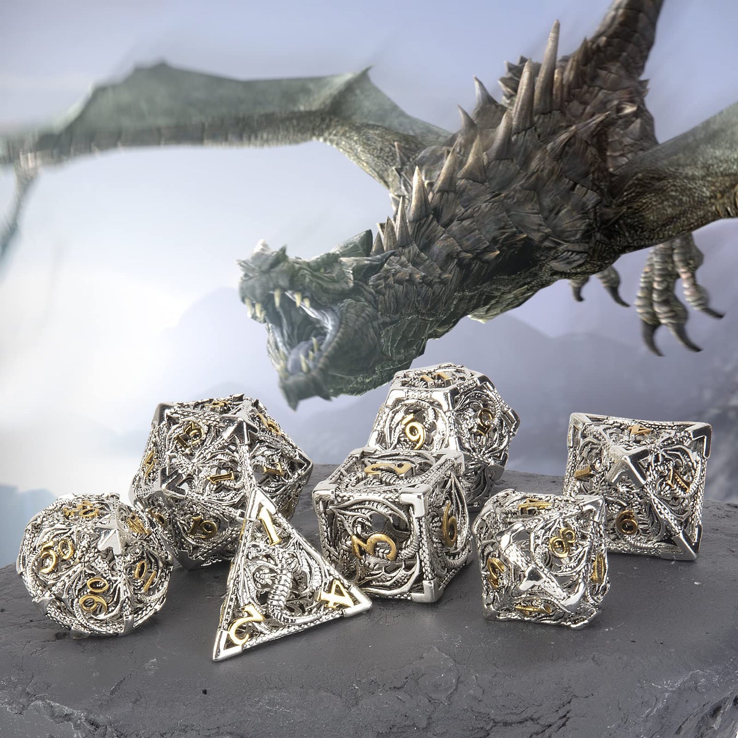 DND Dice,Hollow D&D Metal Dice,Dungeons and Dragons Dice Set with Gift Box,7 PCs Steampunk Polyhedral Dice Games Set for RPG,MTG