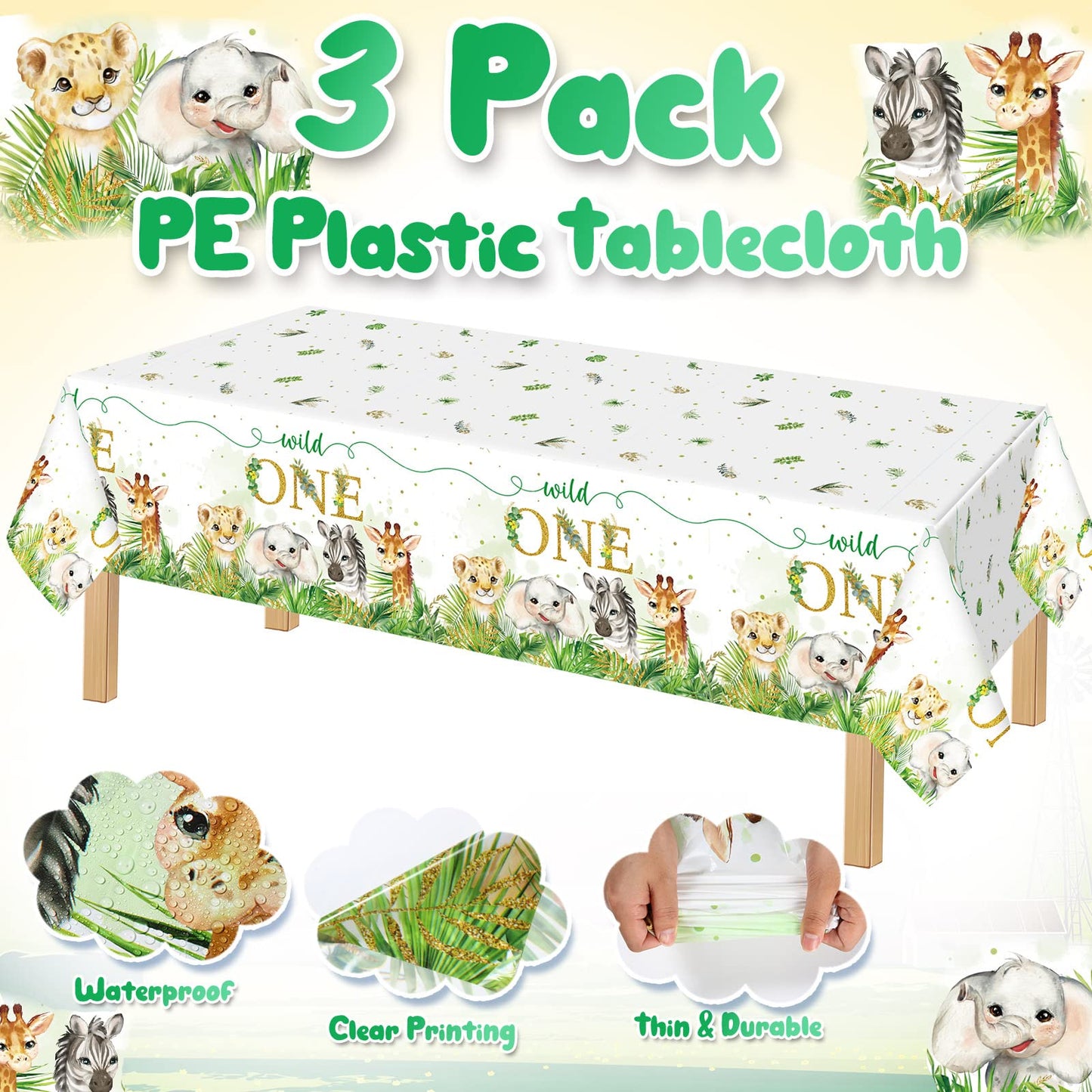 Newwiee 3 Pack Wild One Party Decor Safari Birthday Tablecloths Jungle Theme Party Supplies Wild Animal Table Cover Rectangle Ta