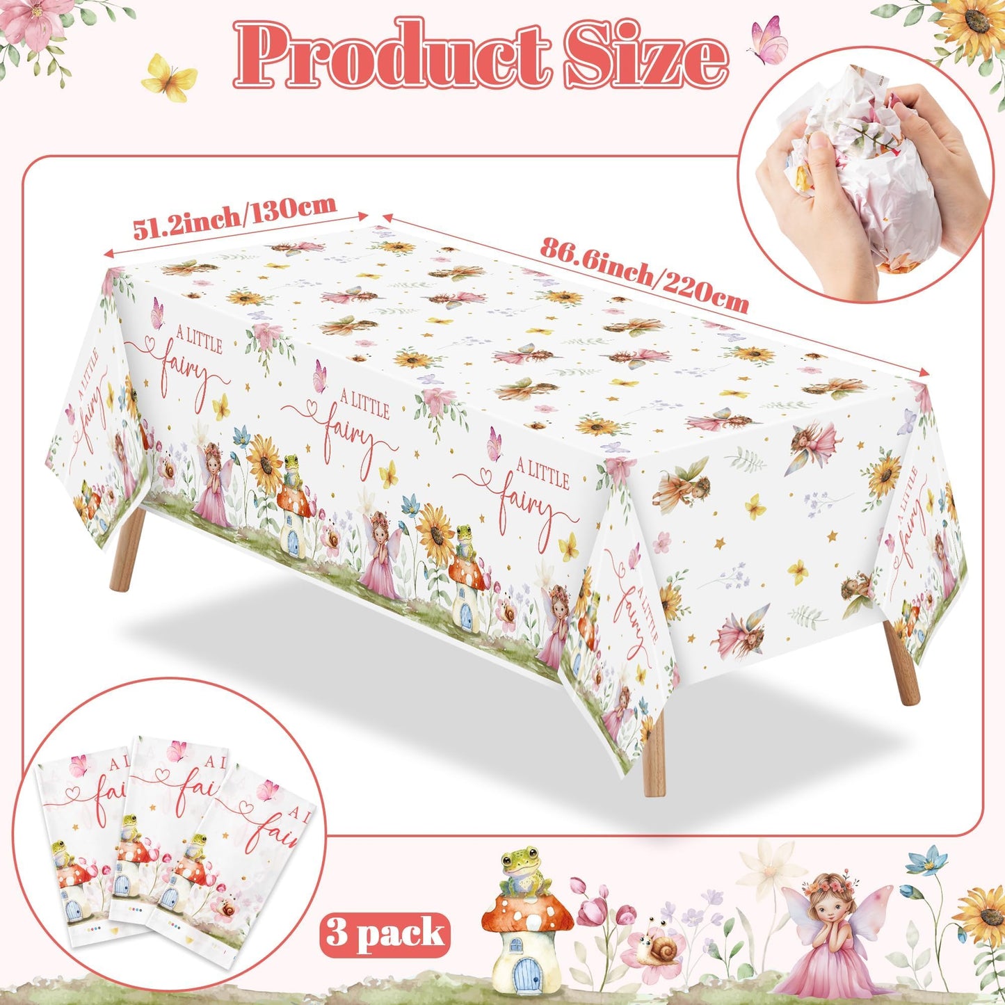 Fairy Party Tablecloths - 3Pcs A Little Fairy Party Table Covers Decorations, Floral Girls Themed Rectangular Plastic Disposable