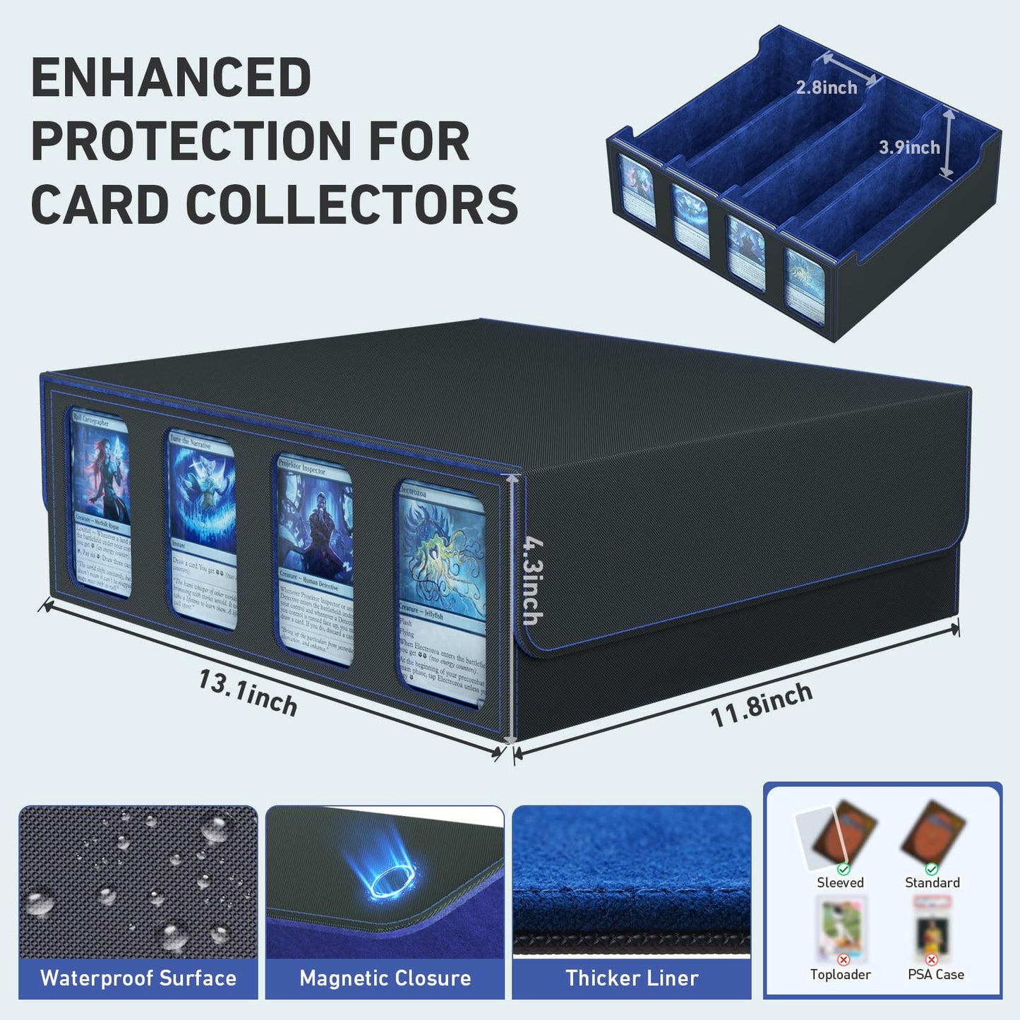 SENVINI 4-Row Trading Card Storage Box for 3200+ Cards, Purple Faux Leather with Dividers, Sleeves & Strap