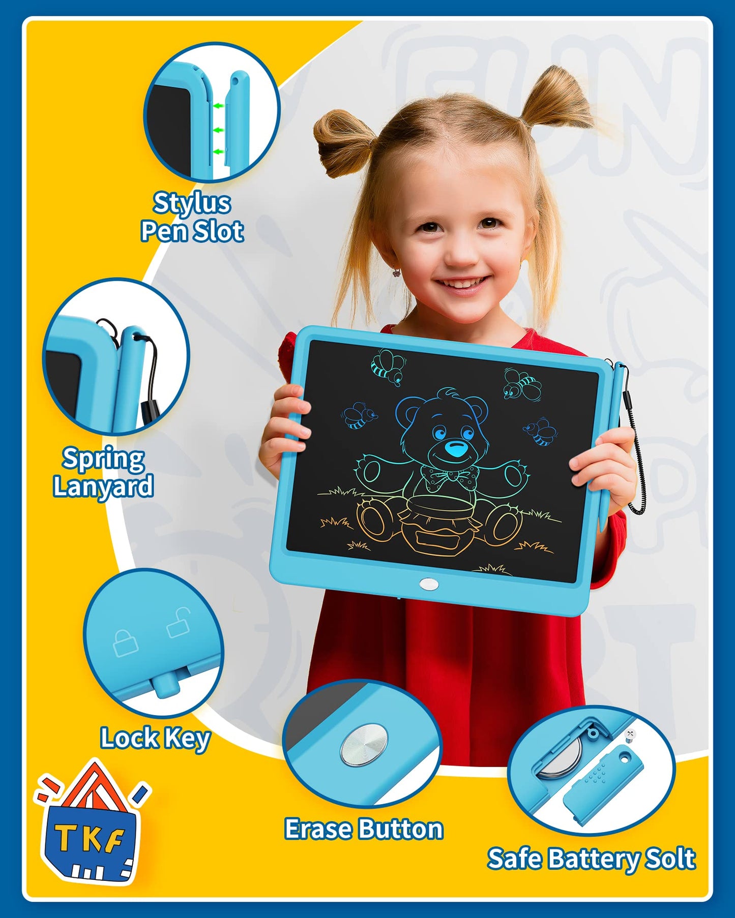 Tekfun Large Screen 12Inch Lcd Writing Tablet With Anti-Lost Stylus, Erasable Doodle Board No Mess Drawing Pad, Car Trip Travel