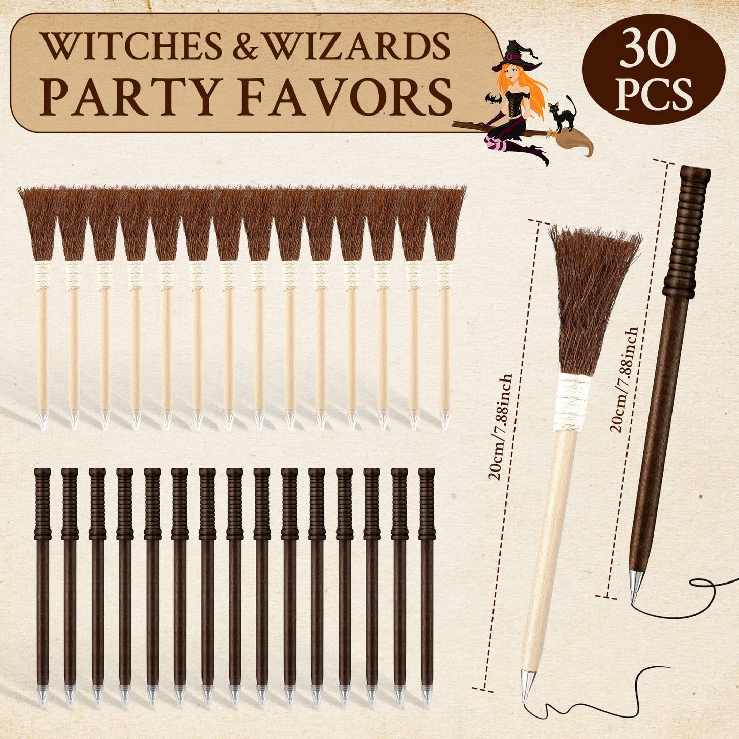 Fumete 30 Pieces Halloween Witch Broom Ballpoint Pen Bulk Halloween Party Favors Witch Wand Broomstick Ballpoint Pen with Pen Ca