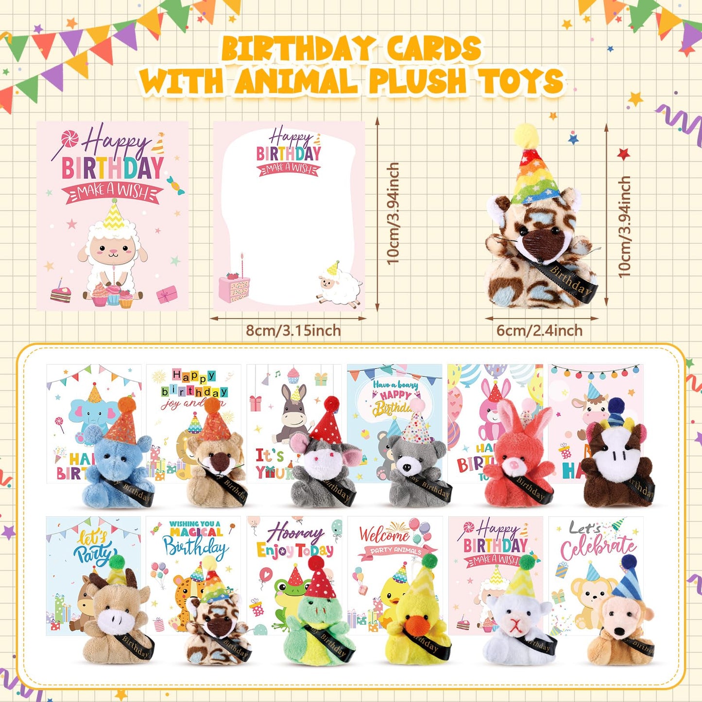 Seenelling Birthday Mini Animal Plush Toy With Hats, Birthday Party Decor Stuffed Animal Bulk For Student Classroom Reward Gifts