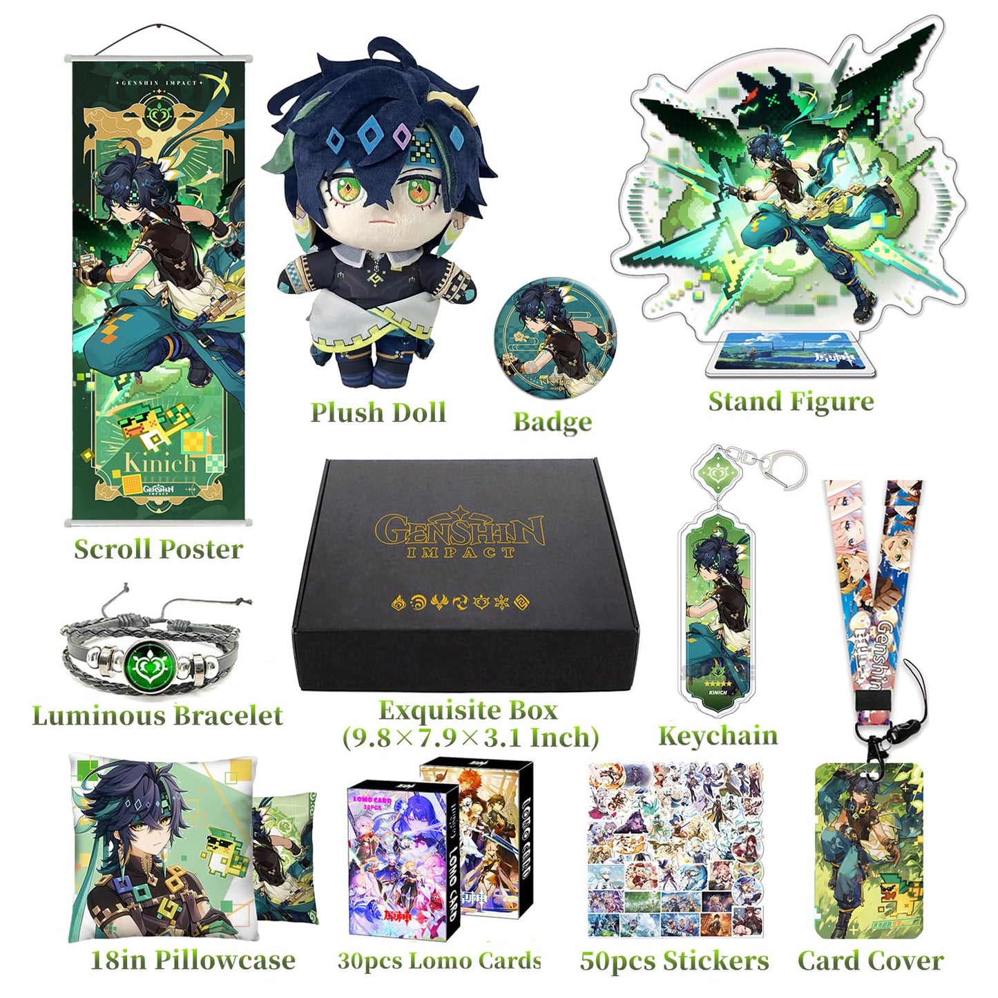 Motao Genshin Impact Box Kinich Merch Set - Plush Doll, Poster, Pillowcase, Stand Figure, Bracelet, Badge, Keychain, Card Holder