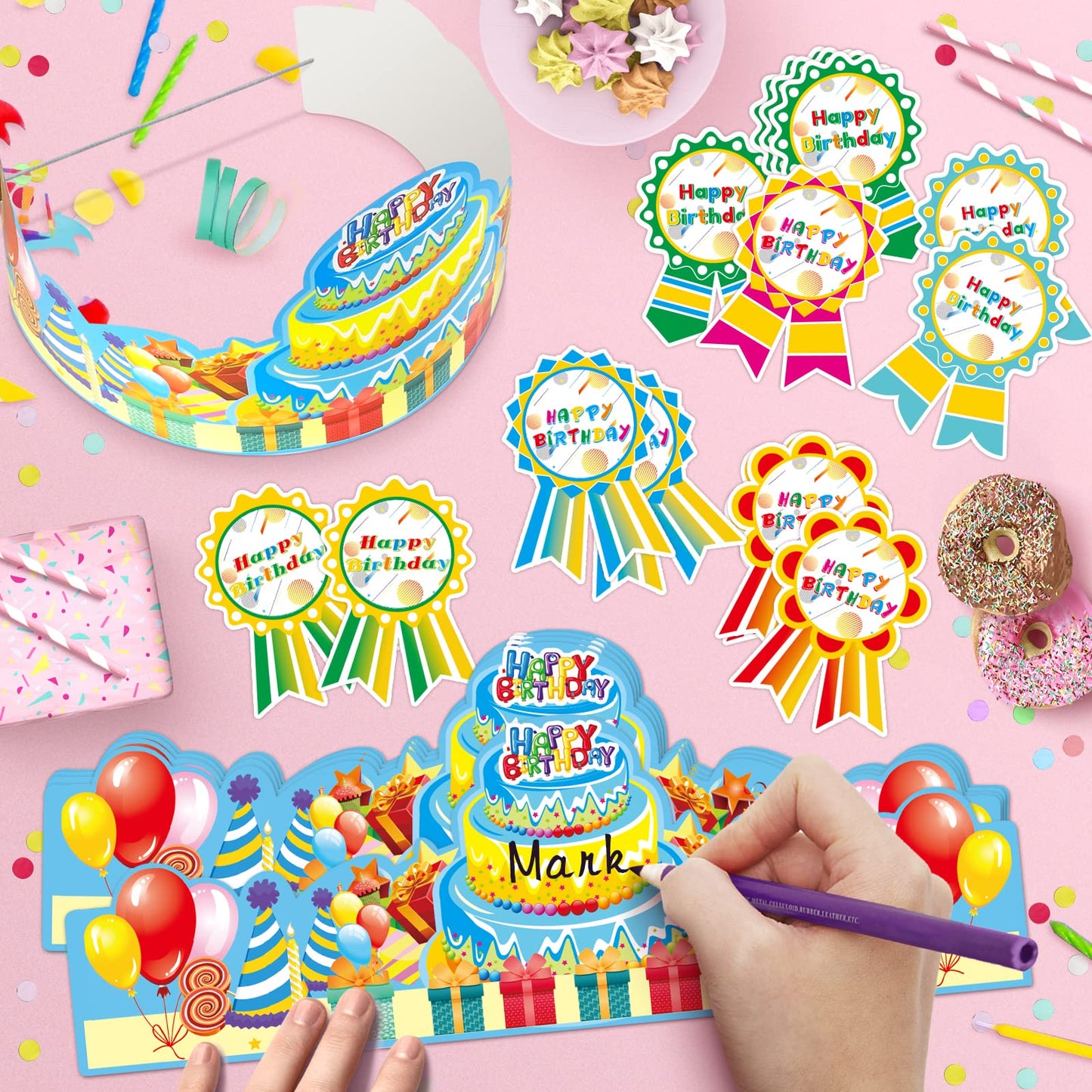 90 Pcs Happy Birthday Kits for Kids Classroom, Include Happy Birthday Crowns, Silicone Stretches, Badge Stickers, Students Kinde
