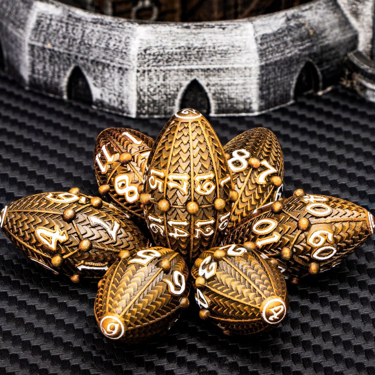 ARUOHHA DND Metal Dice Antique Gold Dragon Egg Dice with Metal Box, Role Playing Game RPG Polyhedral D and D Dice Set D20 D12 D1