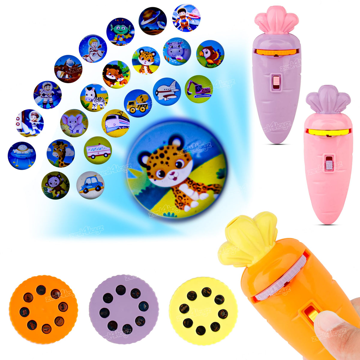 Zest 4 Toyz 2 in 1 Carrot Shape Projector and Flashlight Toy for Kids with 3 Slides 24 Projections Educational Slide Torch for L