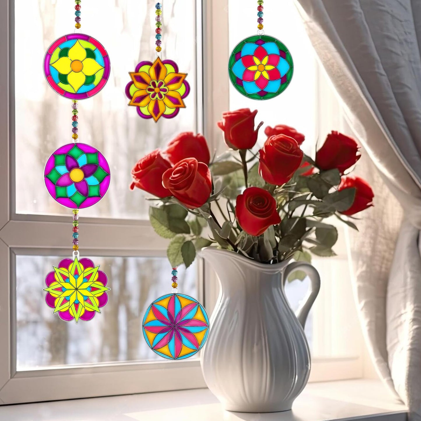 Ayhuhra 30 Sets Mandala Suncatchers Craft Kits Stained Glass DIY Window Paint Art Flower Suncatcher Kits for Spring Summer Party